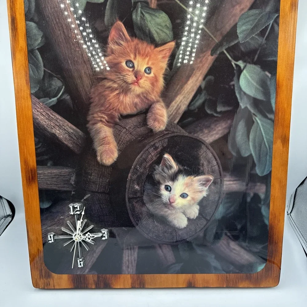 Vtg Wood Framed Wall Clock Kittens Cats WORKS 20x16 Brown Decorative Collectible